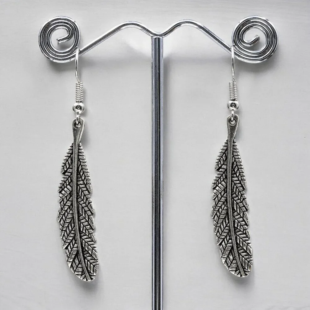 Silver Feather Drop Earrings - Picture 4 of 4